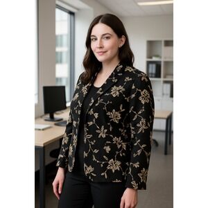 Charter‎ Club Woman 20W 100% Silk Floral Blazer Jacket Black Ivory Plus Size